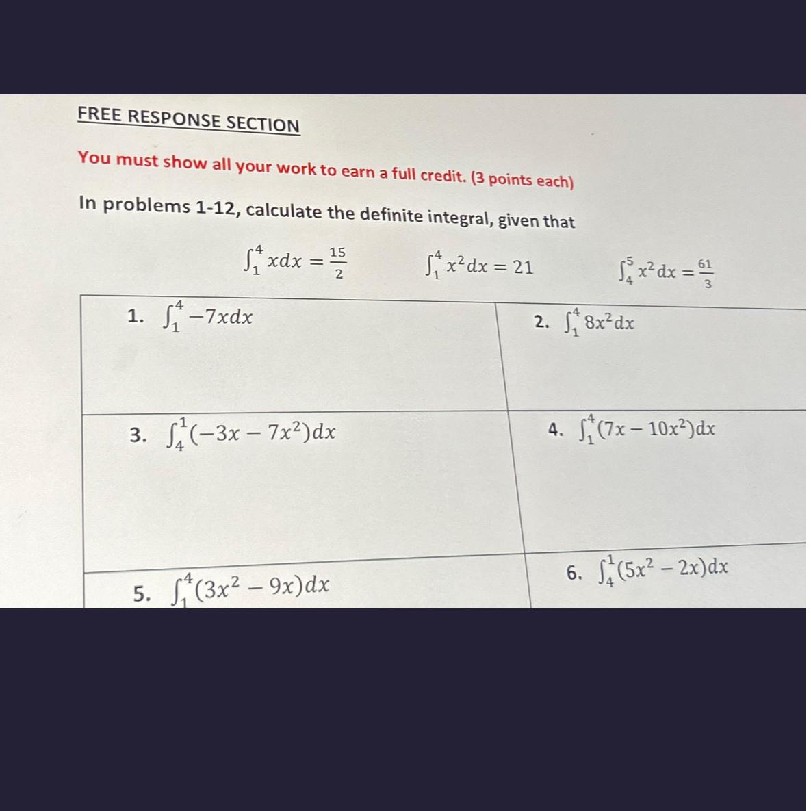 Solved FREE RESPONSE SECTIONYou must show all your work to | Chegg.com
