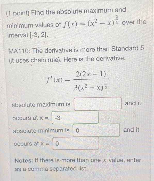 Solved (1 point) Find the absolute maximum and minimum | Chegg.com
