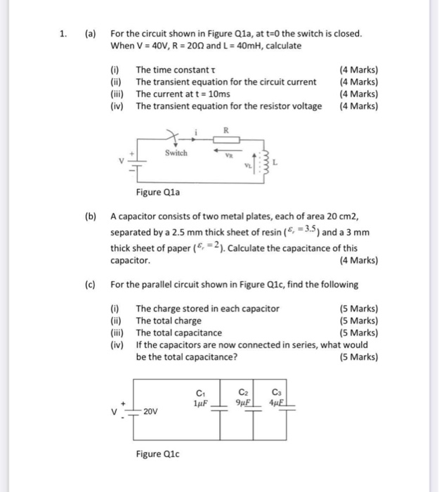 Solved 1. (a) For the circuit shown in Figure Q1a, at t=0 | Chegg.com