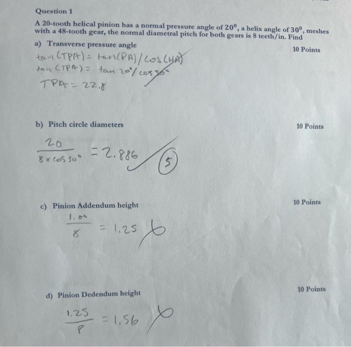 Solved Question 1 A 20-tooth helical pinion has a normal | Chegg.com