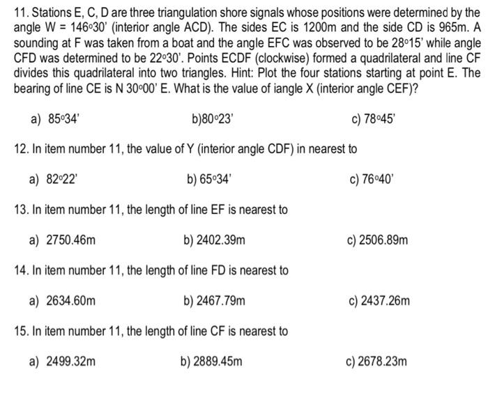 Solved 11. Stations E, C, D are three triangulation shore | Chegg.com