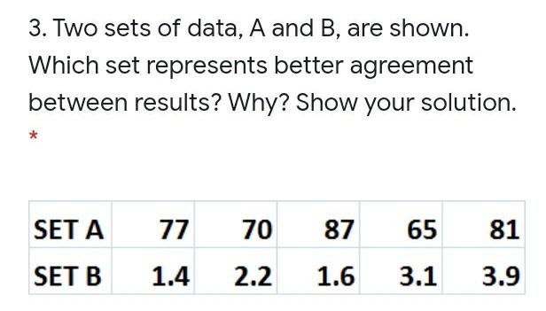 Solved 3. Two Sets Of Data, A And B, Are Shown. Which Set | Chegg.com