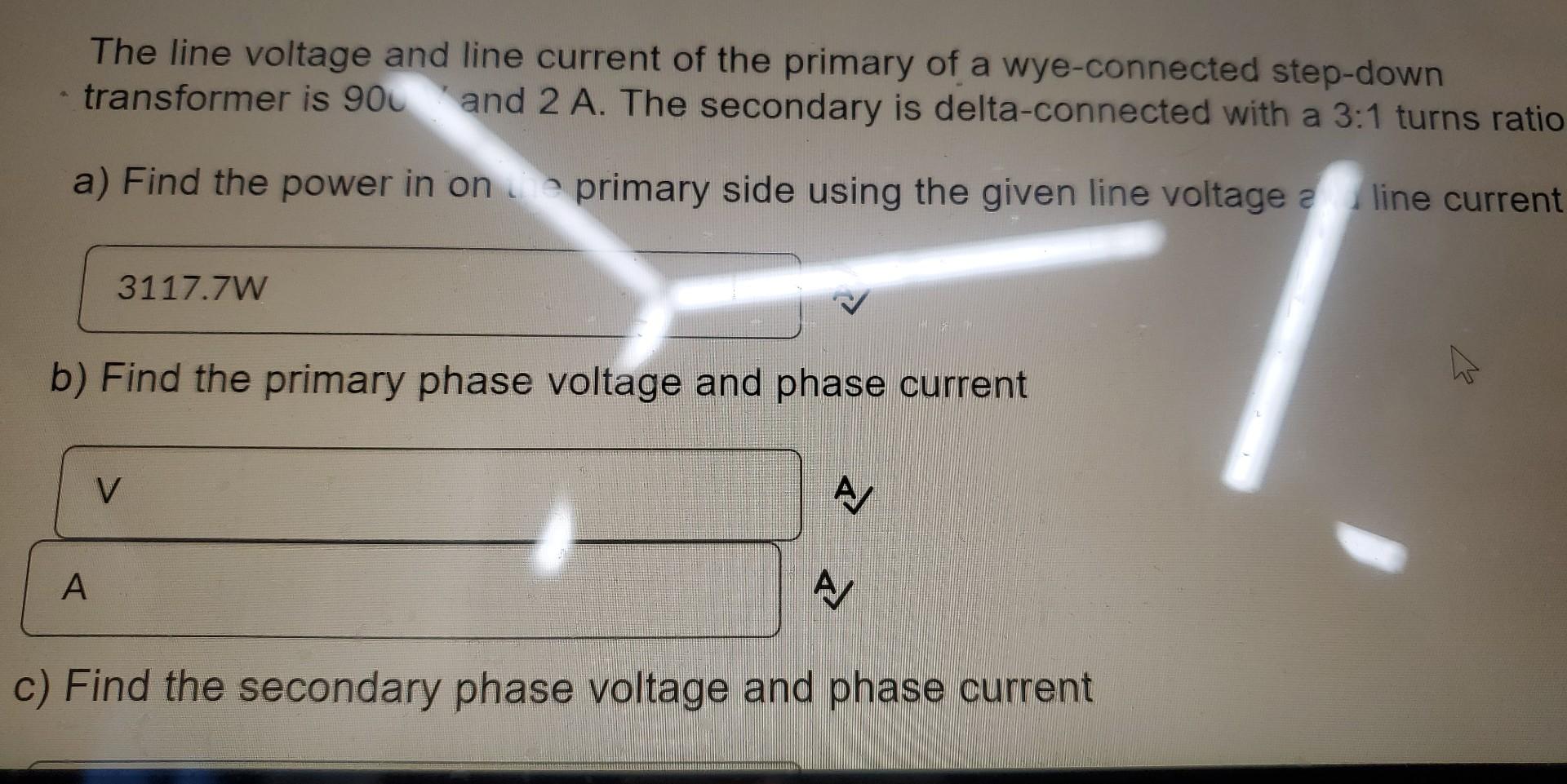 Solved The line voltage and line current of the primary of a | Chegg.com