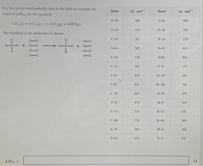 Solved Use the molar bond enthalpy data in the tabele to | Chegg.com