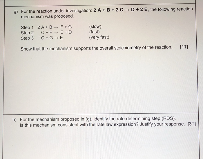Solved g) For the reaction under investigation: 2 A + B + 2 | Chegg.com