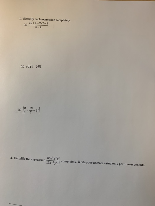 Solved 1. Simplify each expression completely. ( 32+4 -2.2+1 | Chegg.com