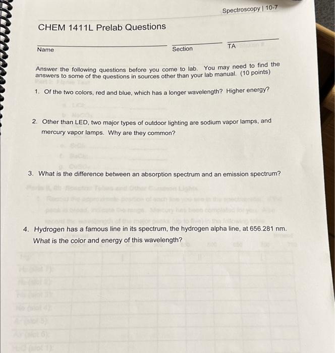 Solved CHEM 1411L Prelab Questions Name Section Spectroscopy | Chegg.com