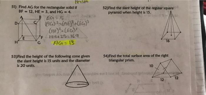 Solved 52)Find the slant height of the regular square | Chegg.com