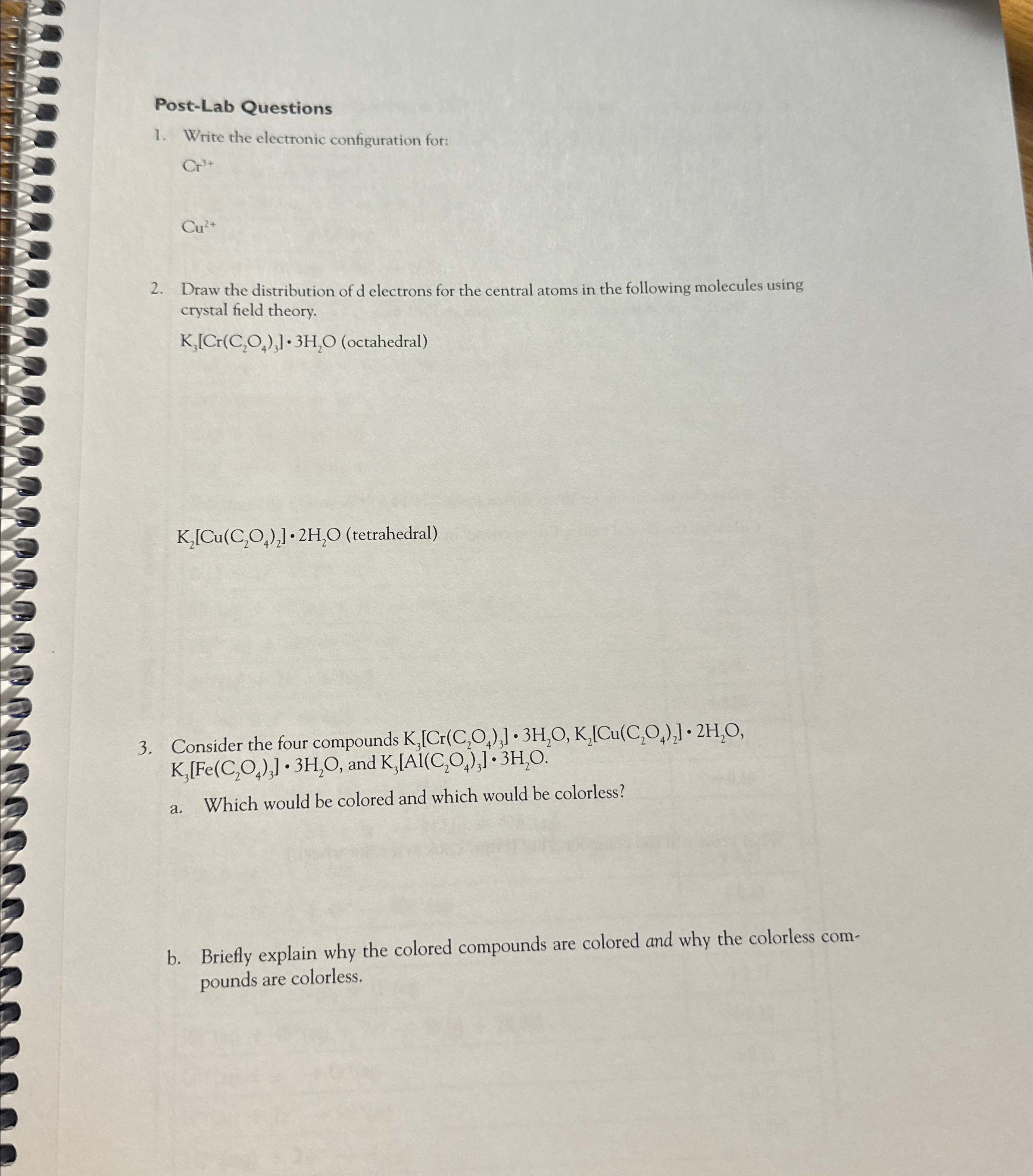 Solved Post-Lab QuestionsWrite the electronic configuration | Chegg.com