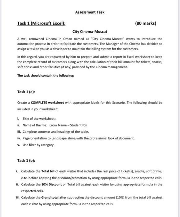 Assessment Task Task 1 (Microsoft Excel): (80 marks) | Chegg.com