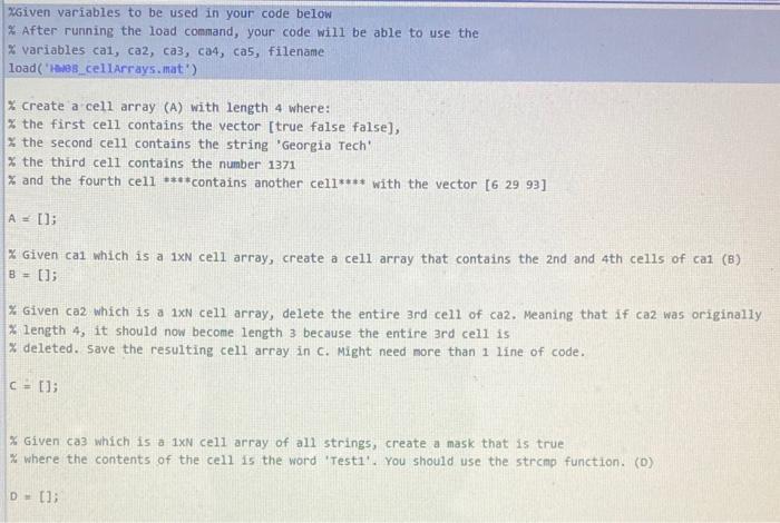 Solved \% create a cell array (A) with length 4 where: \% | Chegg.com