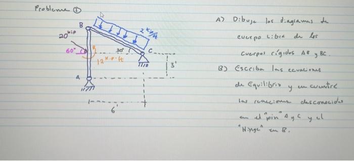 A) Dibuje los dingiames de cucepo Libie de ls Cuecpel cígides \( A E \), \( B C \). B) Esccibo las counciems de Equilibriv y