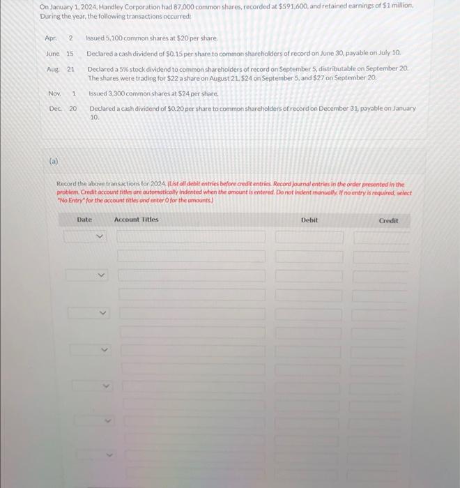 Solved On January 1, 2024, Handley Corporation had 87,000