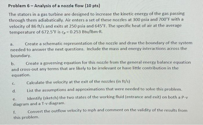 Solved Problem 6-Analysis of a nozzle flow (10 pts) The | Chegg.com