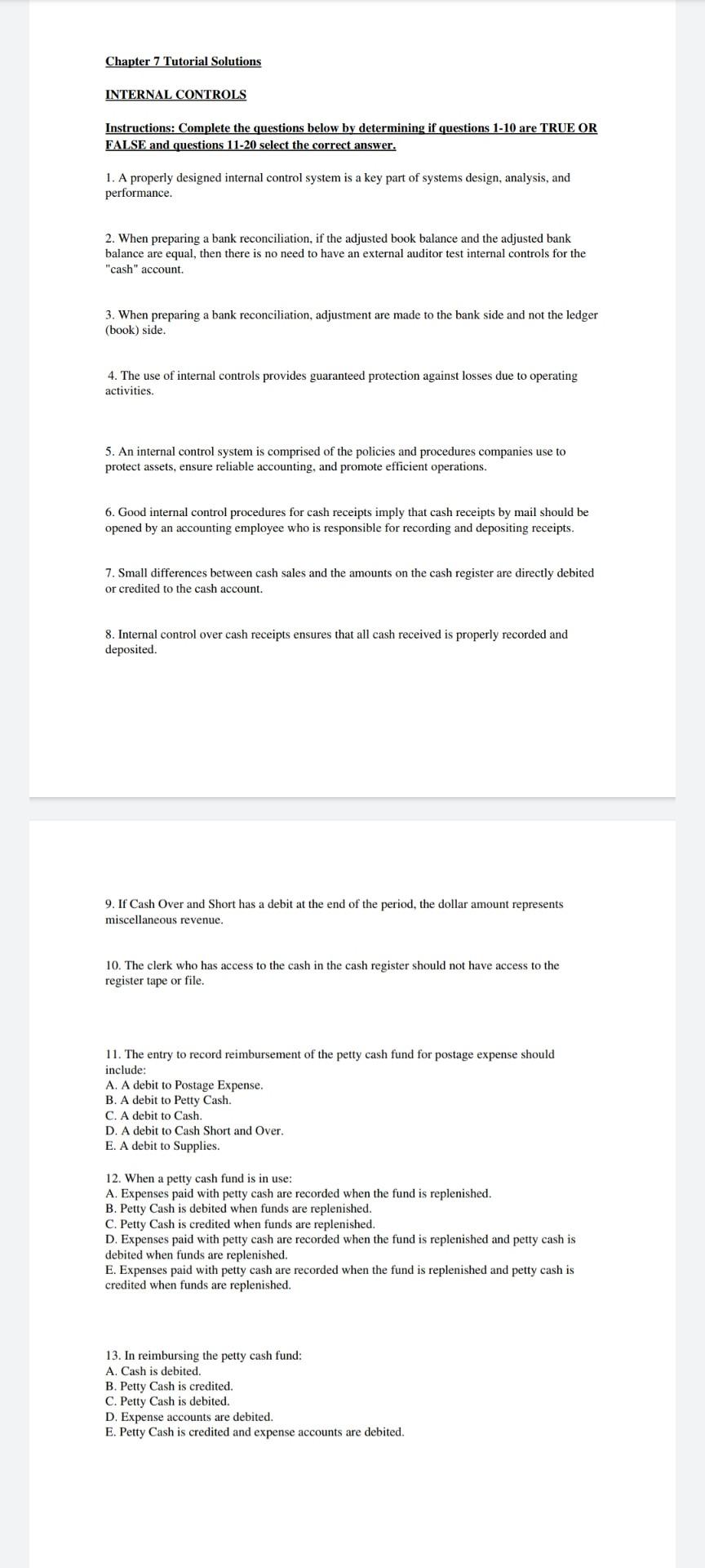 Solved Chapter 7 Tutorial Solutions INTERNAL CONTROLS | Chegg.com