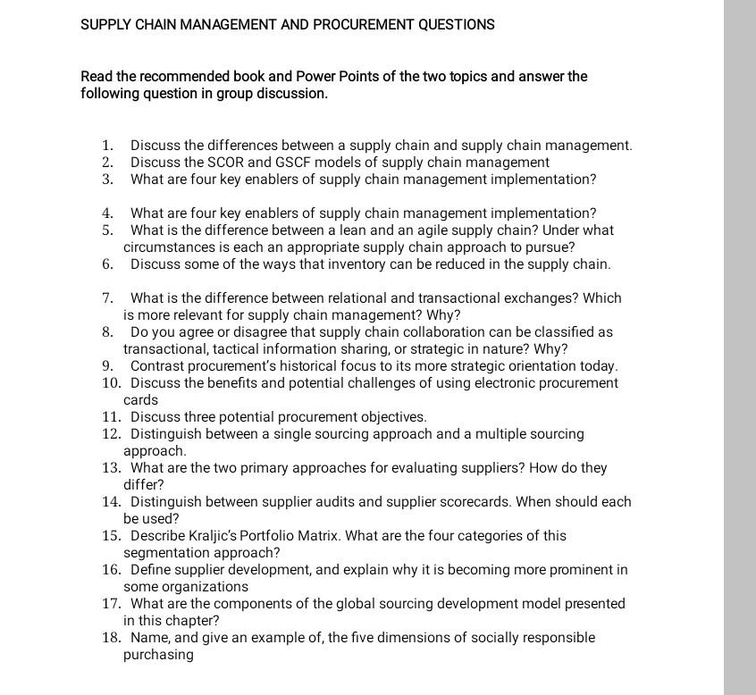 Solved SUPPLY CHAIN MANAGEMENT AND PROCUREMENT QUESTIONS | Chegg.com
