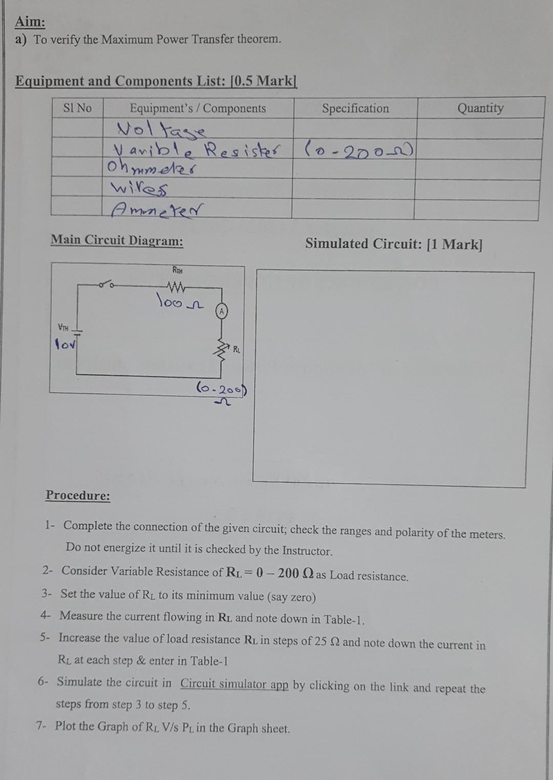 Solved Aim: a) To verify the Maximum Power Transfer theorem. | Chegg.com