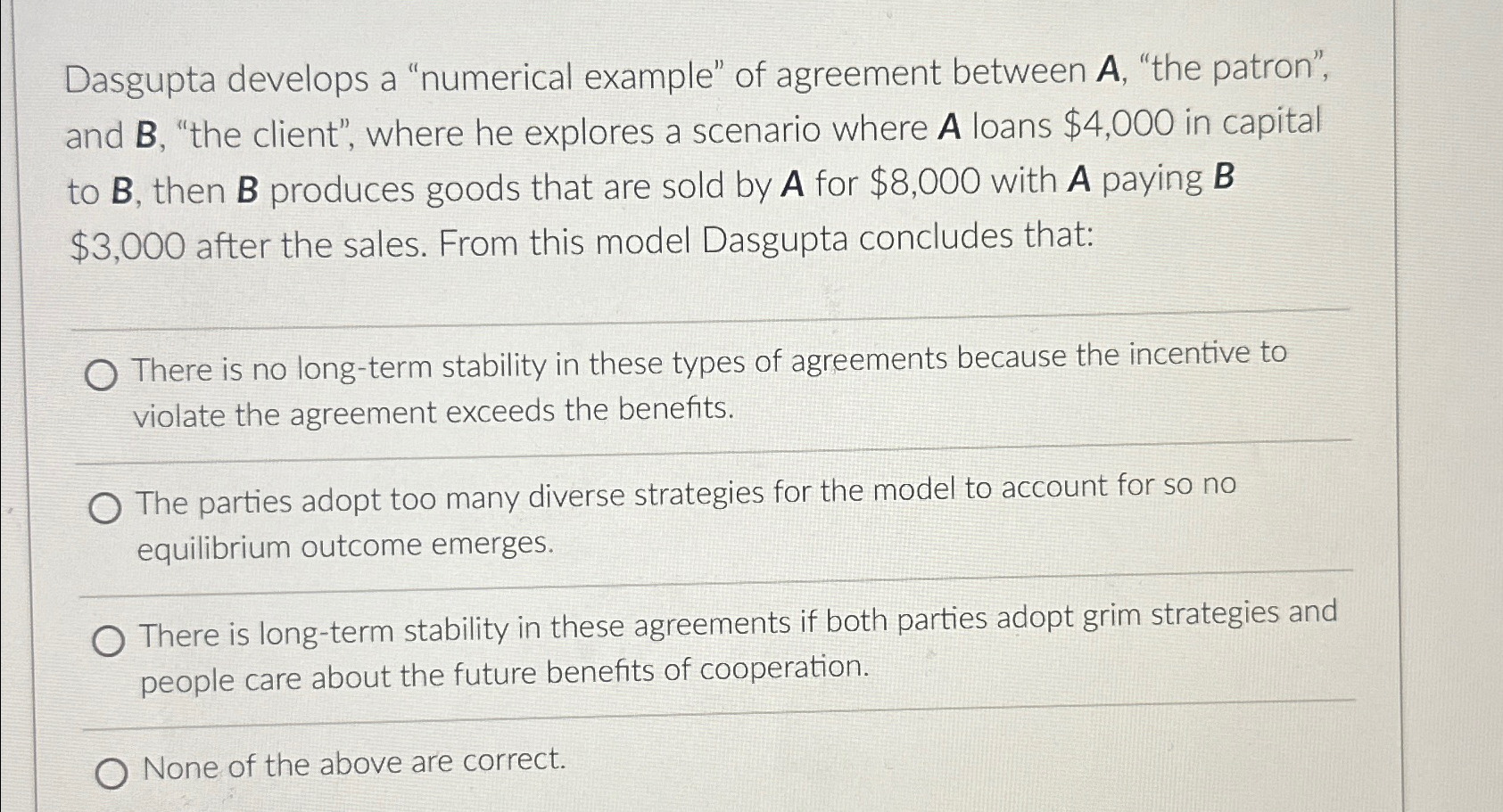 Solved Dasgupta Develops A "numerical Example" Of Agreement | Chegg.com