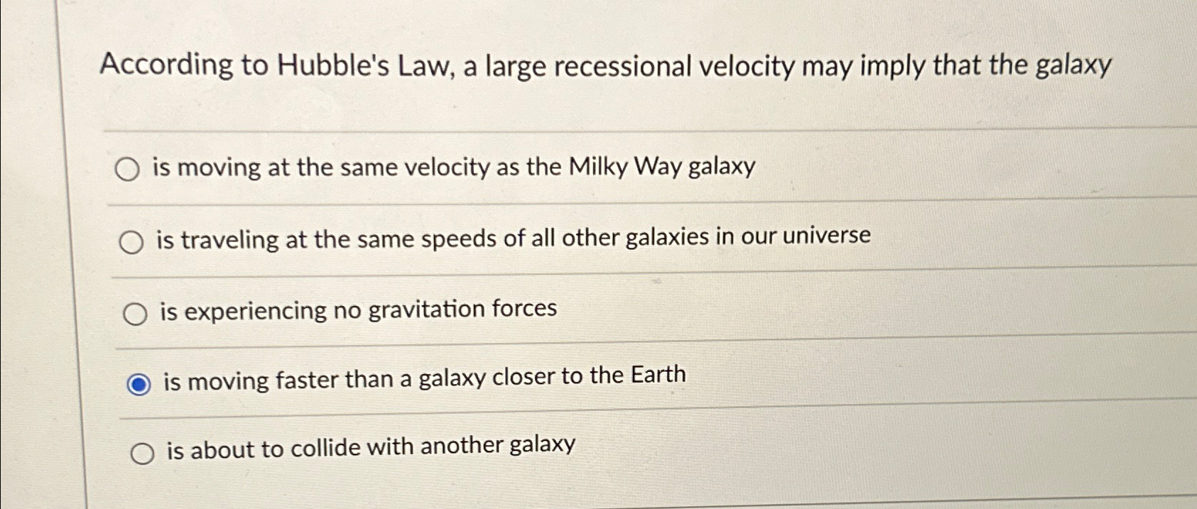 Solved According to Hubble's Law, a large recessional | Chegg.com