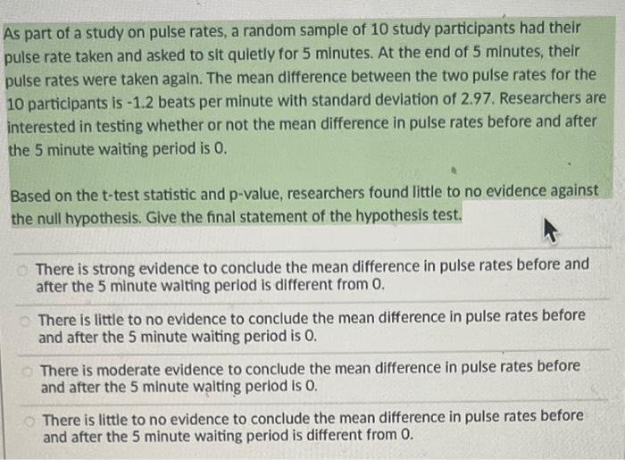 Solved As part of a study on pulse rates, a random sample of | Chegg.com