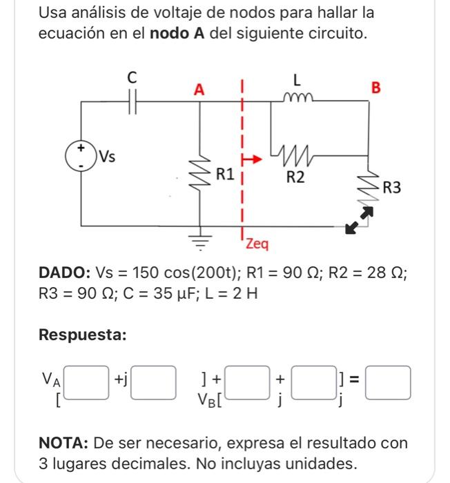 Usa análisis de voltaje de nodos para hallar la ecuación en el nodo A del siguiente circuito. DADO: \( \mathrm{Vs}=150 \cos