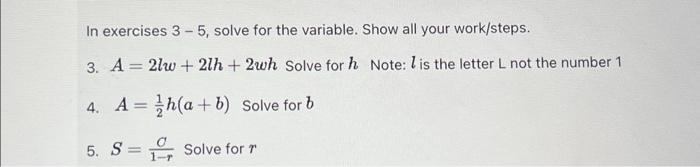 Solved In exercises 3 - 5, solve for the variable. Show all | Chegg.com