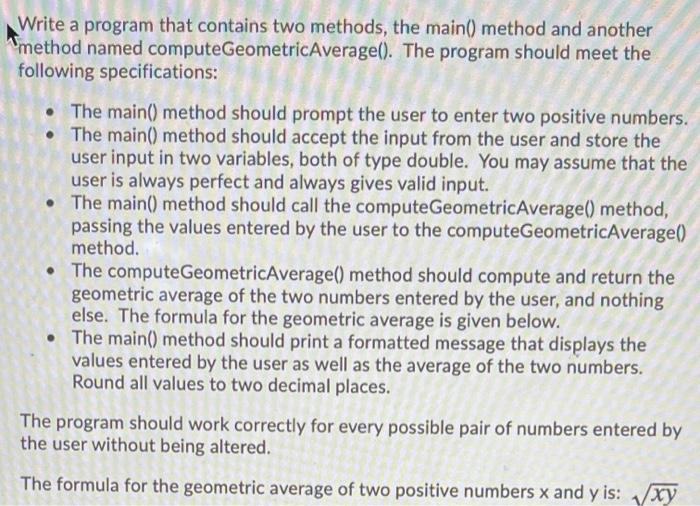 Solved Write a program that contains two methods, the main() | Chegg.com