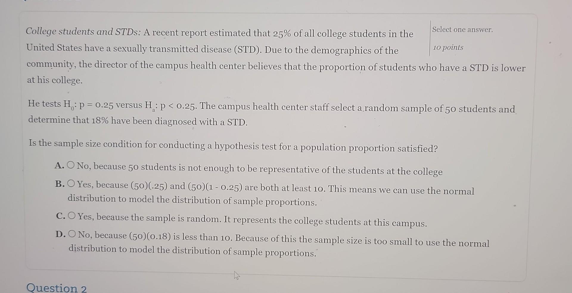 Solved College students and STDs: A recent report estimated | Chegg.com