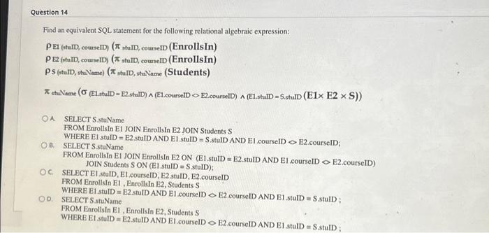 Solved Find an equivalent SQL statement for the following | Chegg.com