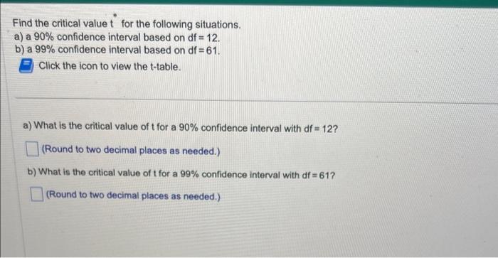 Solved Find the critical value t for the following | Chegg.com