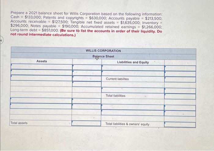 Solved 6 $213,500; H Prepare a 2021 balance sheet for Willis | Chegg.com