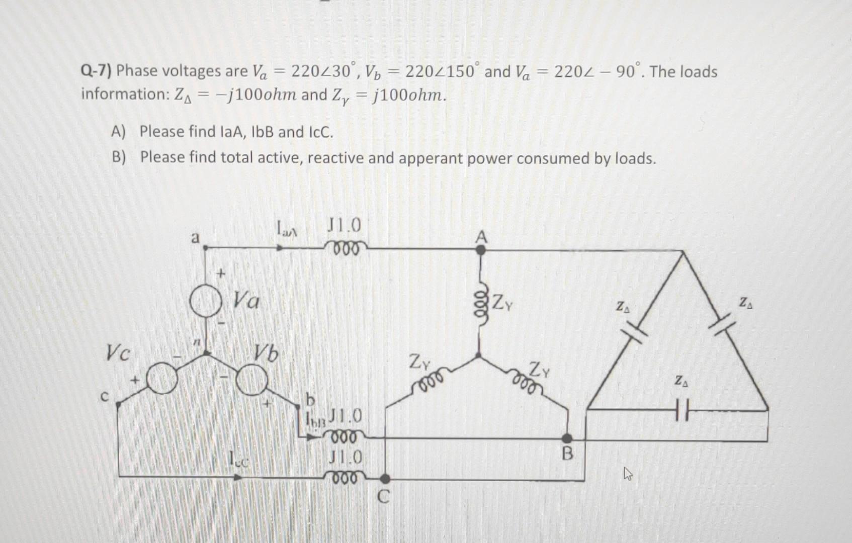 Solved Q-7) Phase voltages are Va=220∠30∘,Vb=220∠150∘ and | Chegg.com