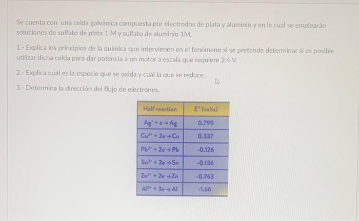 Se cuenta con una celda galvánica compuesta por electrodos de plata y aluminio y en la cual se emplearán soluciones de sulfat