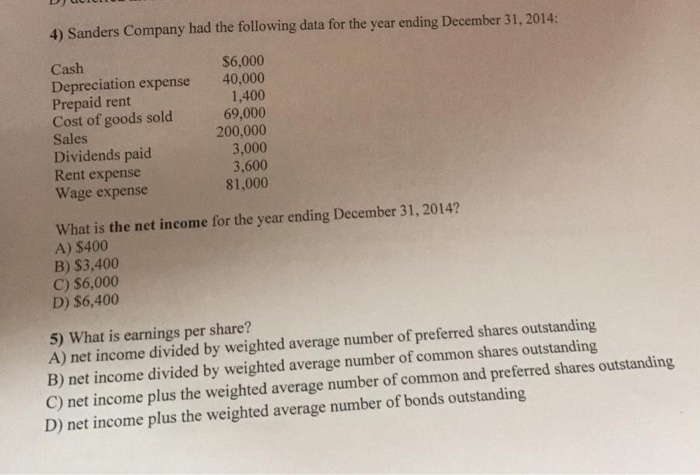 Solved 4 Sanders Company Had The Following Data For The Chegg Com