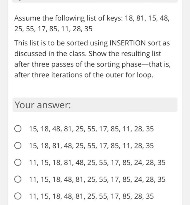 Solved Assume the following list of keys 18,81,15,48,
