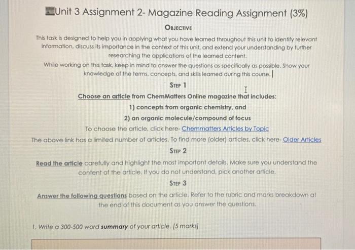 Solved Unit 3 Assignment 2- Magazine Reading Assignment (3%) | Chegg.com