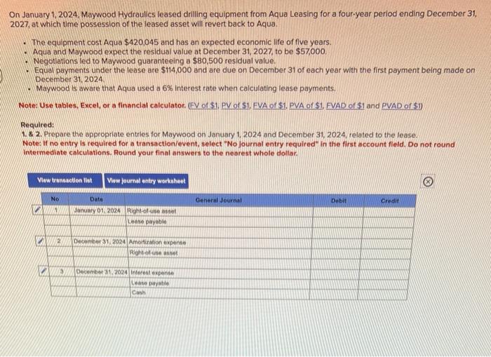 Solved On January 1, 2024. Maywood Hydraulics leased