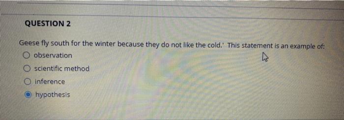 QUESTION 2 Geese fly south for the winter because they do not like the cold. This statement is an example of: observation h O