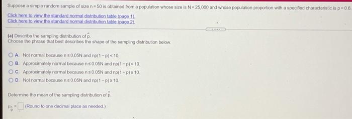 Solved Suppose a simple random sample of size n = 50 is | Chegg.com
