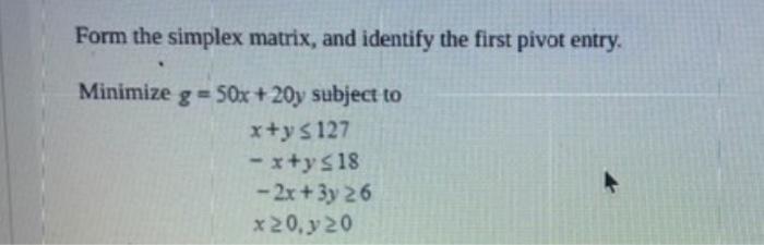 Solved Form the simplex matrix, and identify the first pivot | Chegg.com