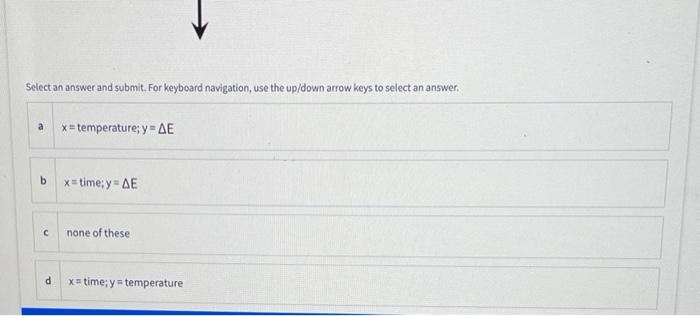 Select an answer and submit. For keyboard navigation, use the up/down arrow keys to select an answer.
a \( x= \) temperature;