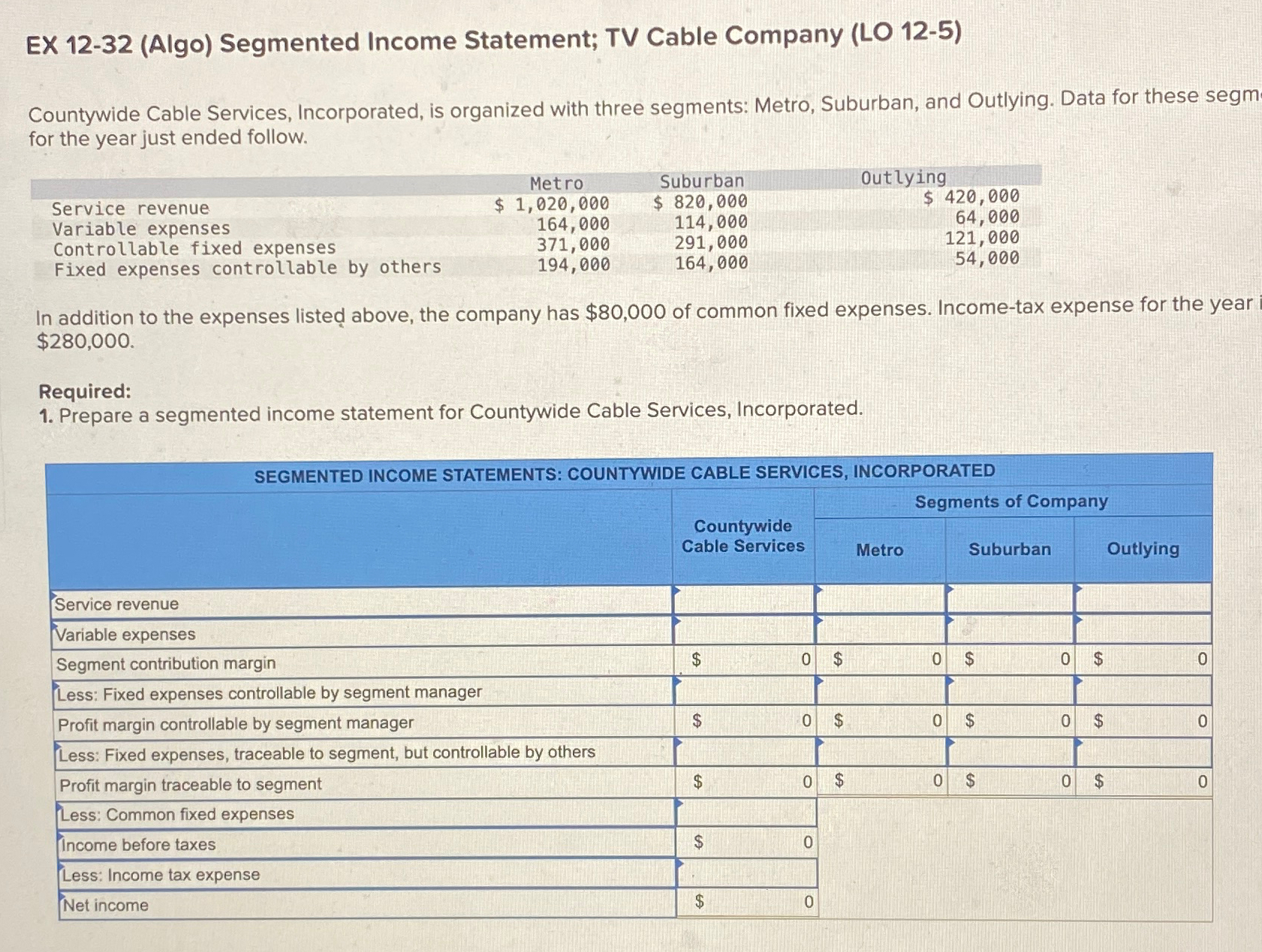 Solved EX 12-32 (Algo) ﻿Segmented Income Statement; TV Cable | Chegg.com