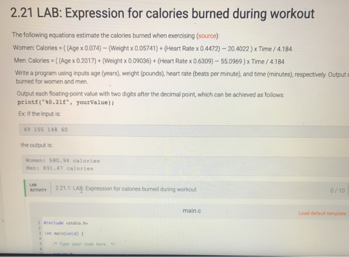1.22 lab expression for calories burned during workout