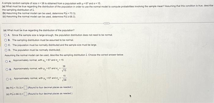 Solved A simple random sample of size n=38 is obtained from | Chegg.com