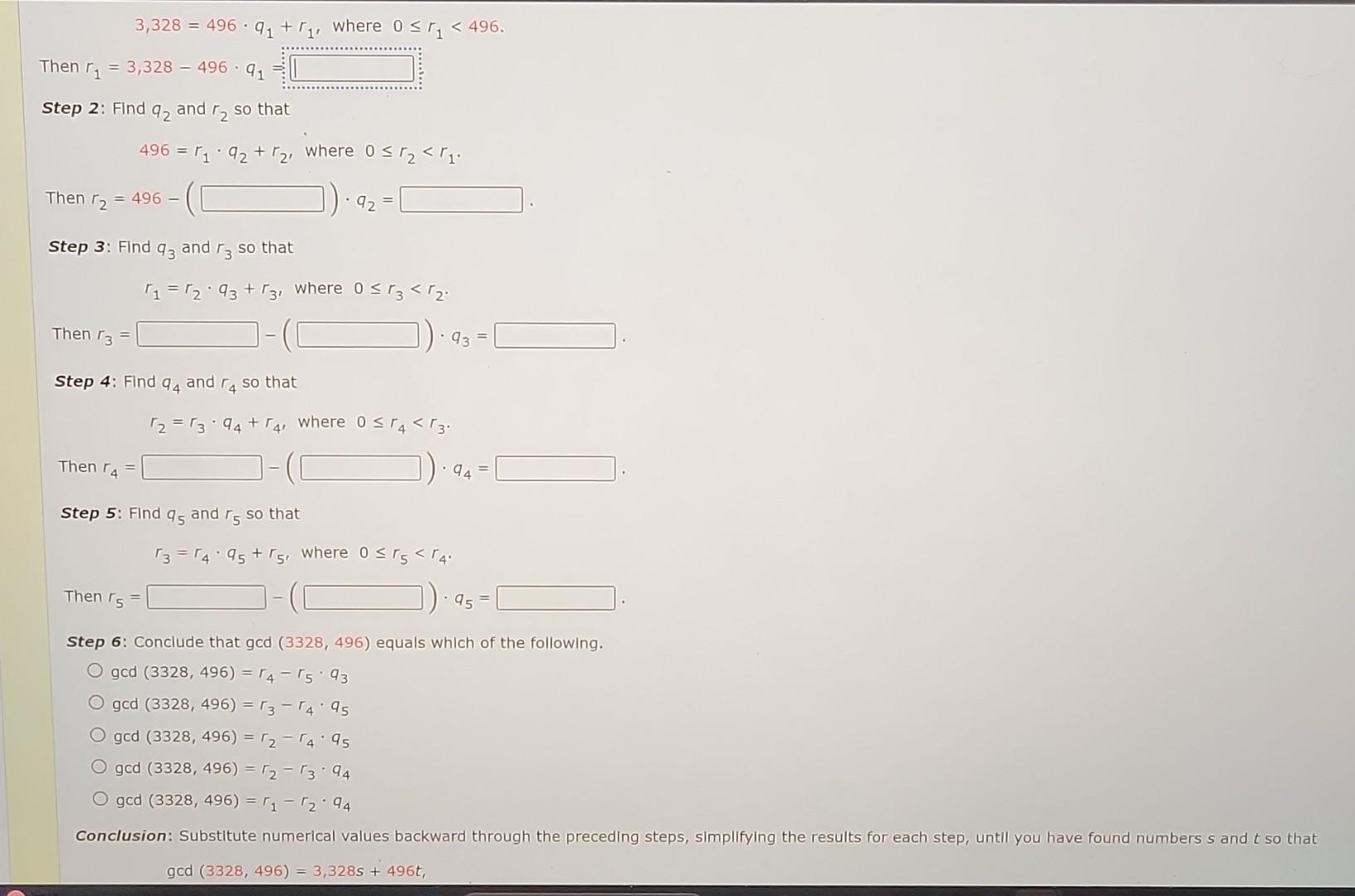 Solved 3,328=496⋅q1+r1, where 0≤r1