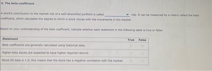 Solved 6. The beta coefficient A stock's contribution to the | Chegg.com