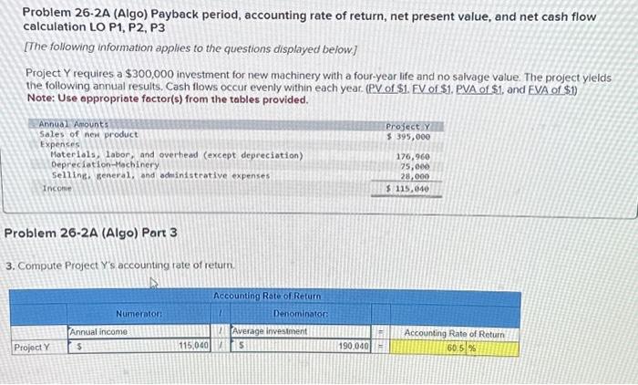 Solved Problem 26.2A (Algo) Payback period, accounting rate | Chegg.com