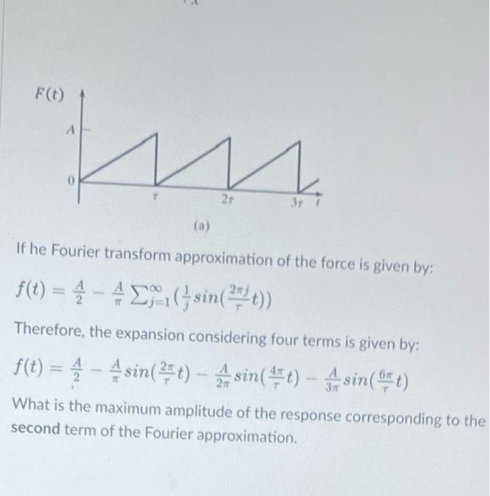 F(t)
A
(a)
21
If he Fourier transform approximation of the force is given by:
f(t)=4-41(sin(²t))
?
Therefore, the expansion c