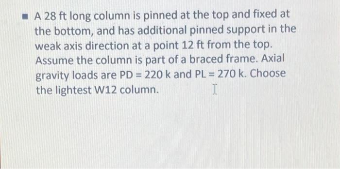 Solved A 28 ft long column is pinned at the top and fixed at | Chegg.com