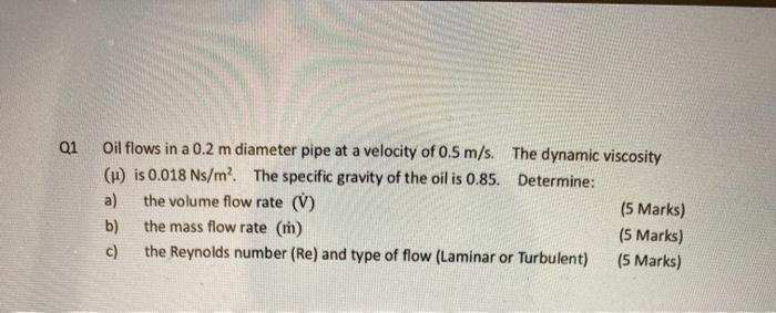 Solved Q1 Oil flows in a 0.2 m diameter pipe at a velocity | Chegg.com